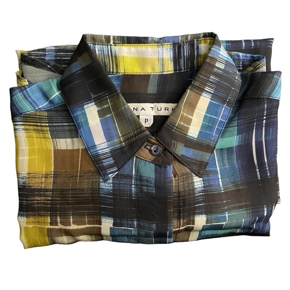Trina Turk Blue Plaid Button Down Blouse | Size SP Petite | Office Dark Academia - Picture 11 of 16